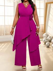 SHEIN Lady  Spring And SummerAutumn And Winter Elegant Casual Rose Red Knitted V Neck Flounce Rhinestone Long Sleeve Plus Size Co-Ords - Hot Pink - View 4