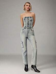 Easelle Women's Washed Blue Denim Jumpsuit With Button Front, Pocket Details - Medium Wash - View 4