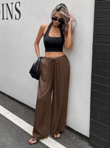 Siren Gaze Women's Linen Blend Low Waist Straight Leg Casual Pants, Suitable For Holidays Work Pants,Linen Pants Brown