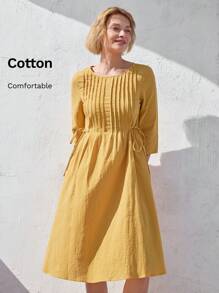 EMERY ROSE Vestido de manga larga con cuello redondo de largo hasta el tobillo casual para mujer, con un diseño frontal artesanal, adecuado para primavera y verano, ajuste suelto
