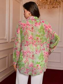 SHEIN VCAY Plus Size Green Floral Semi-Sheer Woven Fabric Blouse With Shirt Collar And Long Sleeves For A Casual Style - Green - View 2