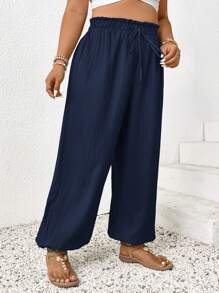SHEIN Frenchy Plus Size Solid Color Paper Bag Waist Tied Loose Wide Leg Pants