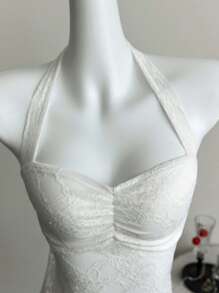 Elamini White Lace Floral Sheer Add-Lined Pleated Backless Halter Tie-Up Camisole, Sexy, Casual, Elegant, Sweet, Minimalist, Holiday Style For Women, Summer