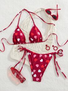 Swim Mod Lovely Versatile Heart Print Rib Knit One Piece Swimwear And Front Tie Triangle Swim Bottom, 2 Pieces Swimwear Set - Multicolor - View 1