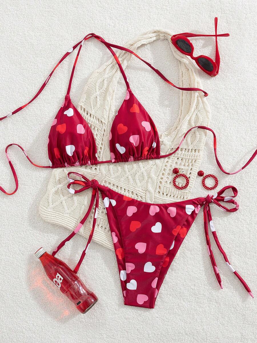 Swim Mod Lovely Versatile Heart Print Rib Knit One Piece Swimwear And Front Tie Triangle Swim Bottom, 2 Pieces Swimwear Set - Multicolor - View 1