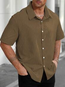 Manfinity Homme Plus Size Men's Casual Solid Color Textured Short Sleeve Shirt, Summer - Brown - View 3
