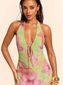 SHEIN BAE Vestido mini de verano para mujer, con escote halter sin espalda, con estampado floral y de leopardo, sexy