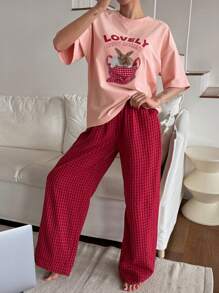 Livesso 女士舒适兔子印花短袖上衣和裤子睡衣套装，夏季