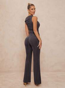 Lumalex 1pc Women's Asymmetric Metal Decor Bodycon Flare Sleeve Two Pieces Set - Dark Grey - View 7