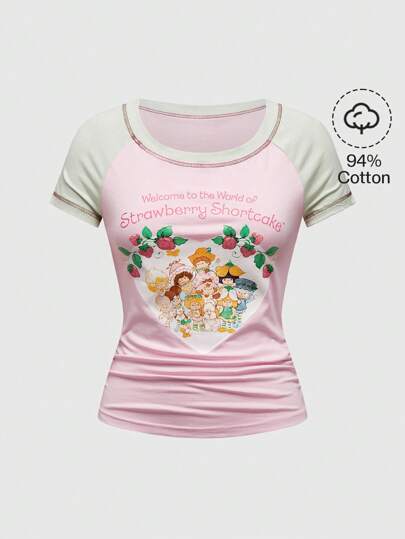 Camiseta ajustada de mujer casual de manga raglán, con estampado de personaje de dibujos animados y lema, con costuras en contraste, para el verano