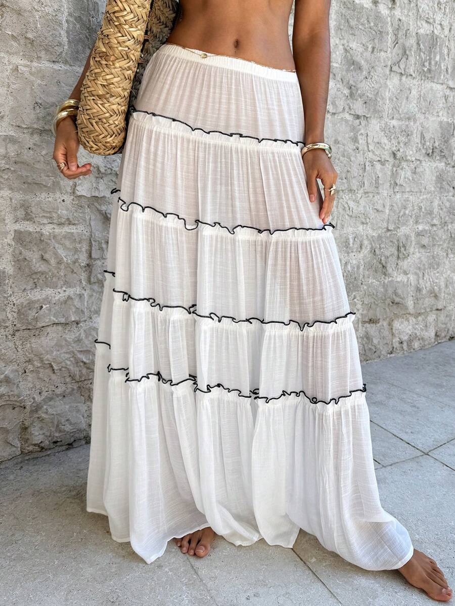 SHEIN Swim 女士波西米亚风弹力腰A字中长裙，荷叶边装饰，适合夏季海滩度假 - 黑與白 - 查看 1