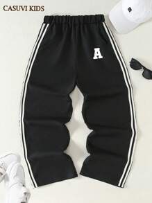 SHEIN Teen Boys' Casual Striped Patchwork Drawstring Straight Leg Pants, Fashion For Daily Wear, Spring/Autumn - Black - View 1