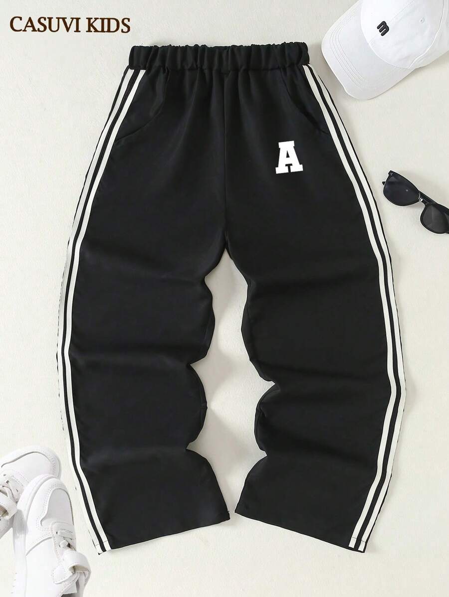 SHEIN Teen Boys' Casual Striped Patchwork Drawstring Straight Leg Pants, Fashion For Daily Wear, Spring/Autumn - Black - View 1