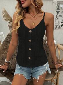 SHEIN LUNE Women's Fashion Hollow-Out Jacquard Textured Boho Style Button Strap Tank Top
