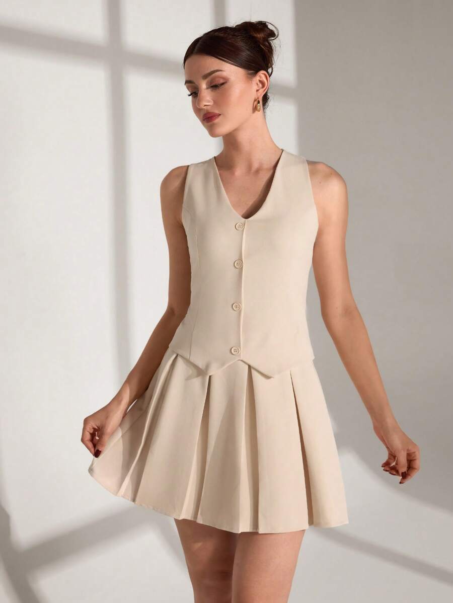 SHEIN Cottnline Elegant Solid Color Pleated Hem Commuter Dress, Summer - Cream - View 1