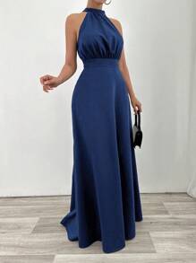 EURMUSE Halterneck Detailed Fish Form Long Dress - Navy Blue - View 5