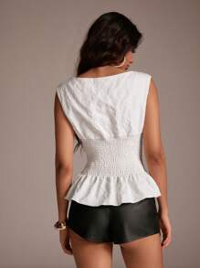 TRNVIE Women's Elegant Jacquard Fabric Ruffle Hem Tank Top, Summer - White - View 2