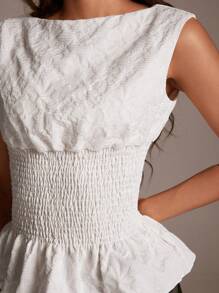 TRNVIE Women's Elegant Jacquard Fabric Ruffle Hem Tank Top, Summer - White - View 1