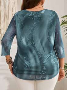 EMERY ROSE Plus Size Women's Early Spring 3/4 Sleeve Blue Floral Print Shirt - Baby Blue - View 3