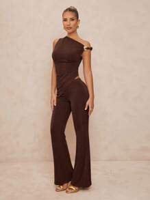 Lumalex 1 套女士金属装饰不对称紧身喇叭袖两件套 - 巧克力棕 - 查看 3