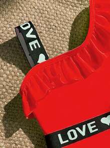 SHEIN Girls' Cute Bright One-Piece Swimsuit With Oblique Ruffle Straps, Letter Belt, Green - Red - View 6