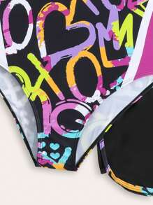 SHEIN Nuevo conjunto de traje de baño de una sola pieza con estampado de letras para niñas adolescentes