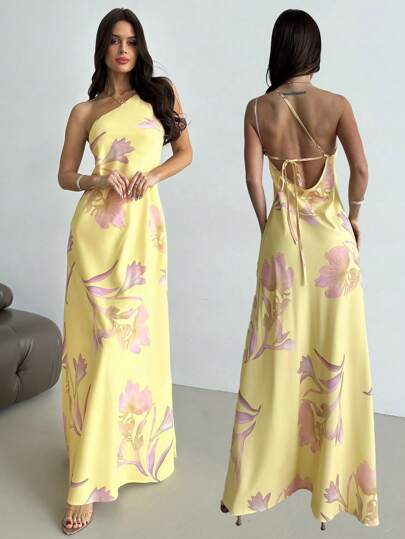 Firerie Women's Open Back One Shoulder Knot Decor Dress, Floral Print Loose Hawaiian Holiday Sundresdess Summer Dresses For Women,Butter Yellow Dress