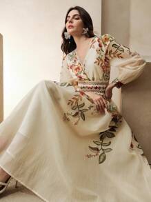 Anewsta Vestido elegante de manga larga con cuello en V, cintura y manga acampanada con estampado floral y encaje, adecuado para vacaciones, primavera/verano, festivales, graduación