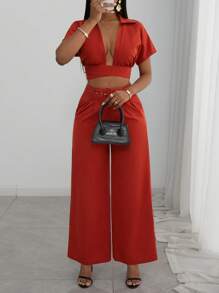 Slaydiva 2025 Summer New Style Mother's Day Birthday Party Graduation Season Student Wear Daily Outing Basic And Versatile Leisure Vacation Cruise Travel Beach Seaside Sunbathing Internet Celebrity Hot Style Elegant Commuter Business Casual Shirt Collar Twist Tie Cropped Ladies Top And Straight Pants Japanese Button Eyelet Belt Brick Red Summer Suit Ladies Two-Piece Suit - Redwood - View 12