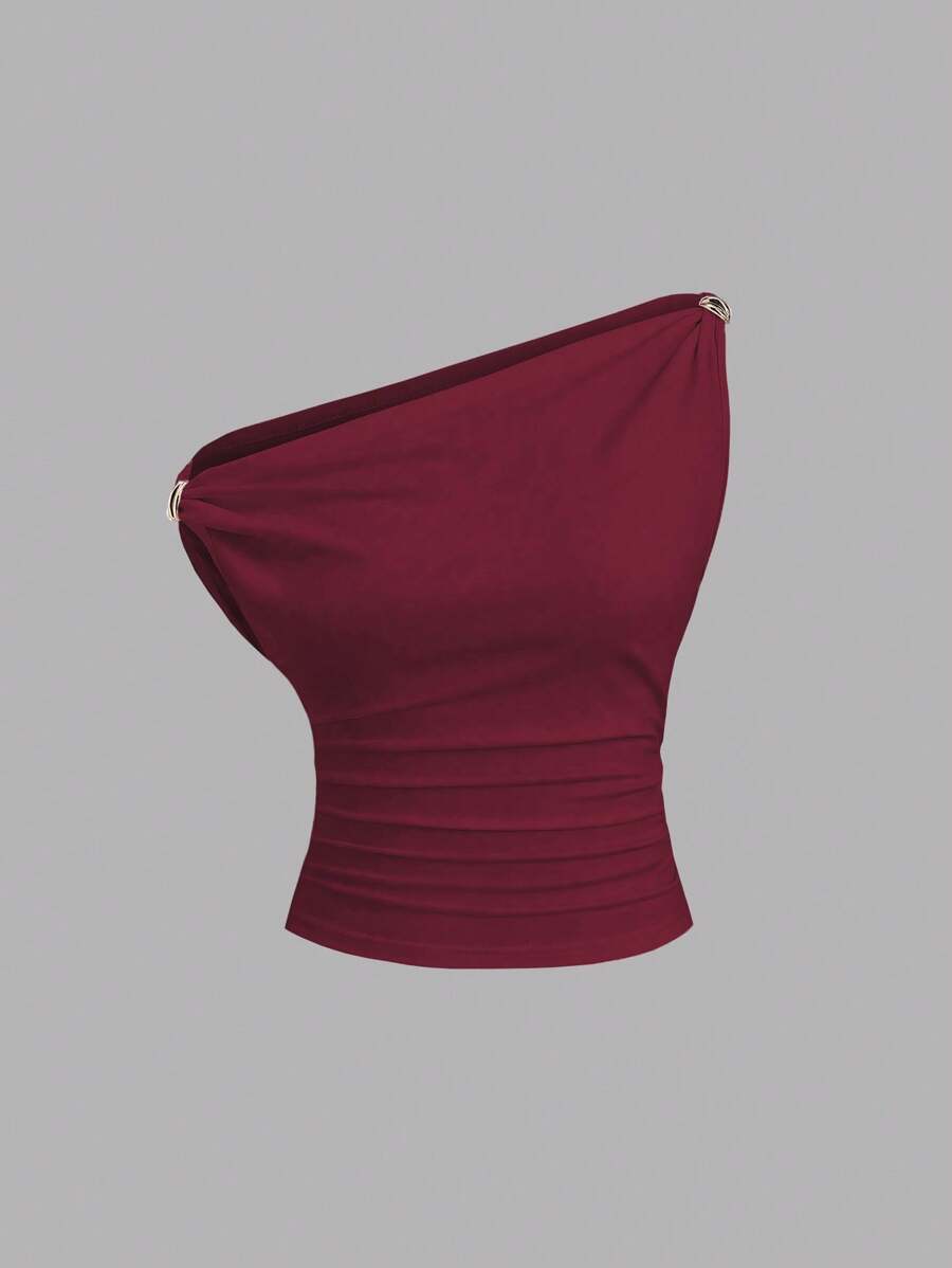 Sweetra 女士新款褶皱斜肩百搭装饰上衣黑色休闲T恤，适合春夏季 - 酒紅色 - 查看 1