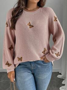 SHEIN Clasi 女士纯色针织蝴蝶结刺绣花朵长袖常规优雅套头毛衣，秋冬毛衣搭配蝴蝶结蝴蝶结毛衣优雅毛衣 - 粉色 - 查看 4