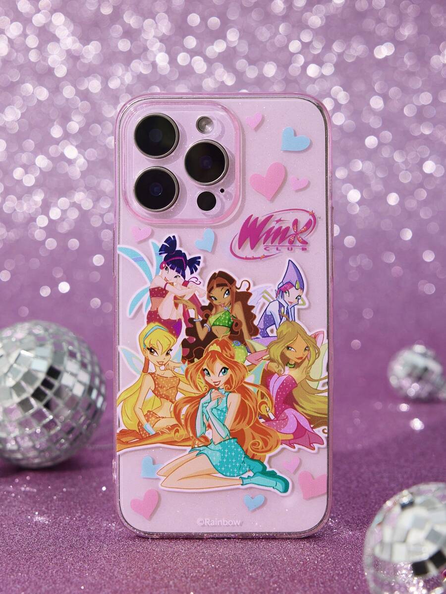 The Winx X SHEIN Custodia telefonica in TPU trasparente e glitter rosa con il motivo delle personaggi magici Bloom, Stella, Flora, Musa, Tecna, Aisha, compatibile con iPhone