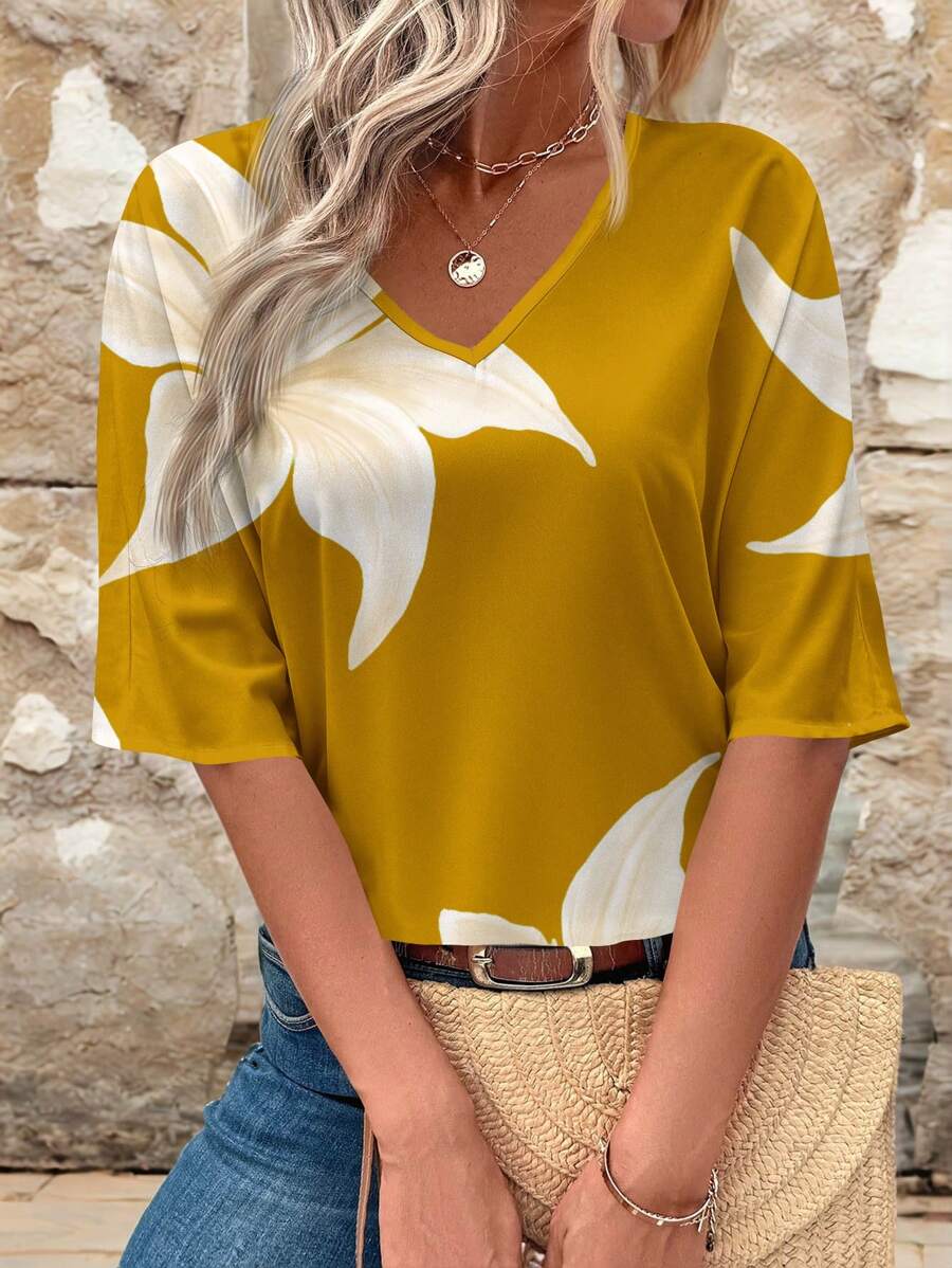 EMERY ROSE Blusa holgada de estilo casual con estampado floral y cuello en V de manga 3/4, adecuada para el verano