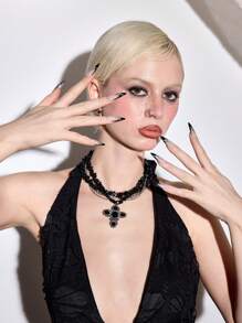 ROMWE Goth 10 件 Y2K 风格星形元素手绘高品质按压式指甲 + 3 片双面胶带、指甲水钻和闪光贴花、可重复使用的美甲贴纸，适合节日、派对、舞蹈和日常穿着 - 彩色 - 查看 4