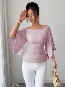 Elenzga Kaos Wanita Rajut Elastisitas Tinggi Lengan Lebar Leher Bulat Warna Polos Elegan - Purple - View 5