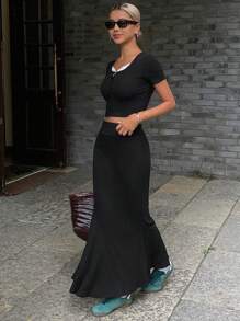 DAZY 2pcs Women Spring/Summer Wrap-Around T-Shirt Set, Fashionable For Summer - Grey - View 5