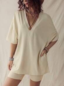 SHEIN LUNE 2pcs Women's Summer Casual Lounge Set,Apricot Deep V-Neck Tight-Fitting Short Sets,Cowgirl-Style Boho Country Concert Outfit Airport Clothing Sets - Grey - View 6