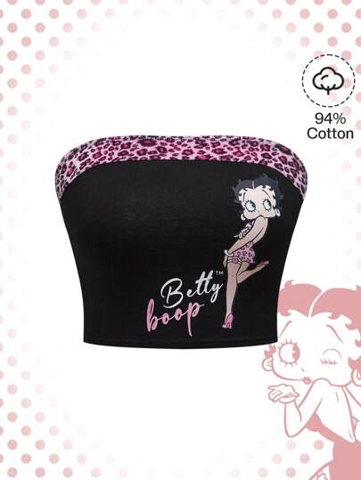 Betty Boop | ROMWE Damen Cartoon Charakter und Leopard Muster Crop Tube Top für den Sommer