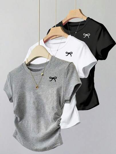 INAWLY 3pcs Women Versatile & Fashionable Bow Print Short Sleeve T-Shirt Set