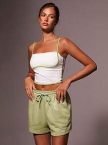 Athîral Casual Letter Embroidery Drawstring Waist Sports Shorts - Green - View 4