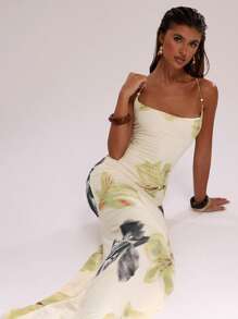 SHEIN BAE Women's Elegant Floral Print Maxi Dress: Sleeveless Spaghetti Strap Knitted Mermaid Hem Beige Maxi Dress For Special Occasions,Valentine's Day,Valentine Outfits For Women - Beige - View 7