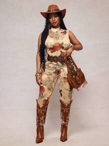 Slaydiva Nuevo mono de verano casual y sexy para mujer con estampado de dragón rosa y malla, de cuello alto, sin mangas, ajustado, con Bottom en color albaricoque