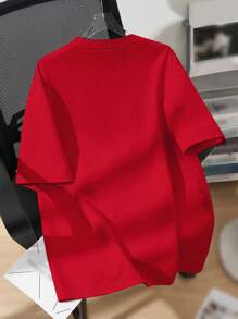 SHEIN EZwear 大码休闲简约图案圆领短袖宽松大码T恤 - 紅色 - 查看 2