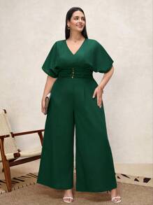 SHEIN Clasi Plus Size Women's V-Neck Cinched Waist Linen- Jumpsuit,Dark Green,Summer,Curve,Elegant,Cocktail,Easter,Festival,Derby,Graduation,Church Outfits - Green - View 4