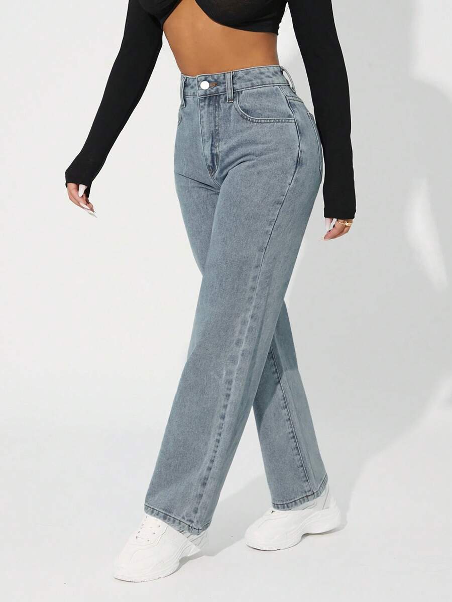 SHEIN PETITE 休闲水洗高腰锥形牛仔裤 - 淺色水洗藍 - 查看 1