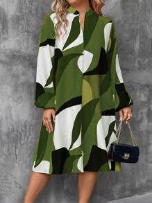 Plus Size Casual Color Block V-Neck Lantern Sleeve Loose Dress - Army Green - View 5