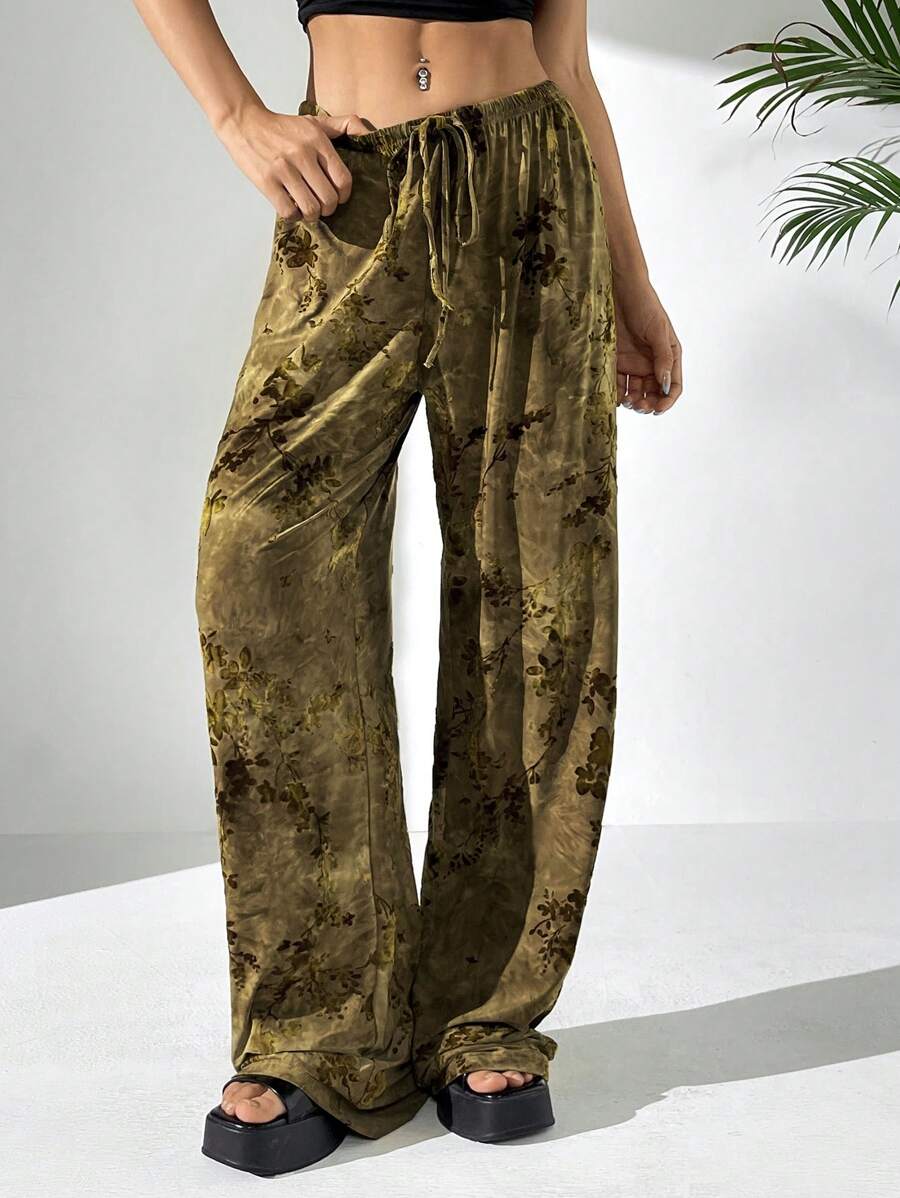 SHEIN EZwear Summer Rave Women Retro Flocked Long Pants - Yellow - View 1