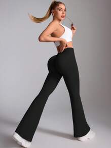 Easithlete 女士纯色褶皱腰休闲健身瑜伽喇叭裤，运动 - 彩色 - 查看 2