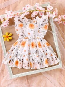 SHEIN 女婴夏季新款百搭碎花薰衣草蛋糕连衣裙 - 黃色 - 查看 3