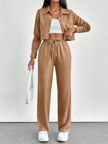 Cottton Fabric  Hoody Zipper Detail Short Sweatshirt Casual Women Two Pieces Outfit - Brown - View 1